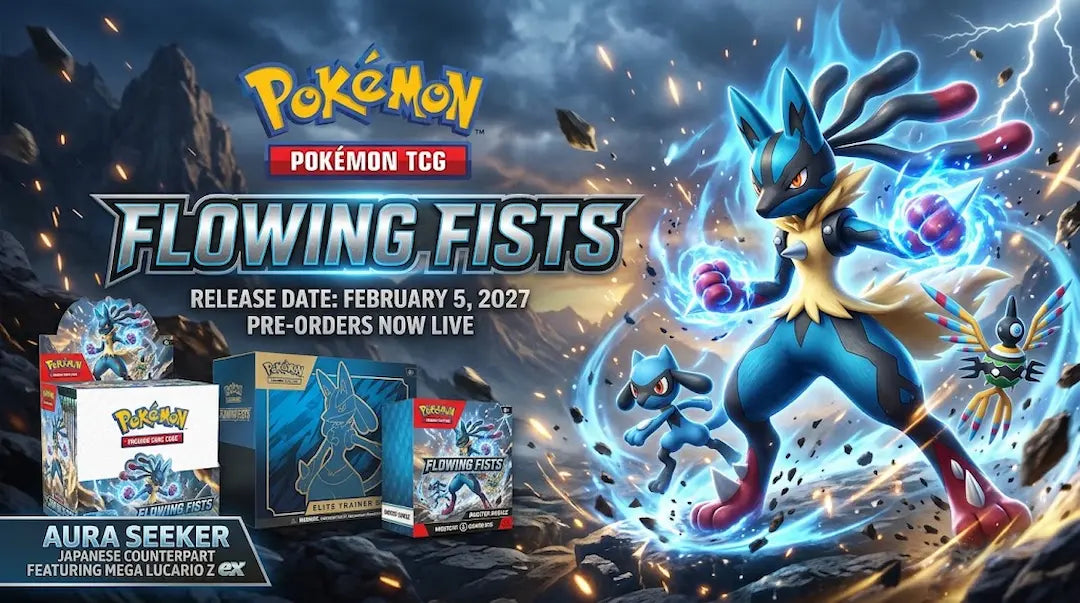 Pokémon Flowing Fists banner with Mega Lucario Z, Riolu and productboxen