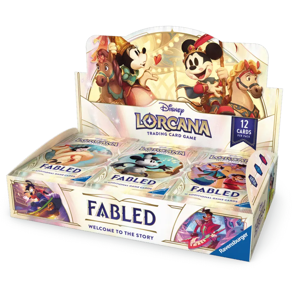 Disney Lorcana Booster Boxes featuring trading card game booster packs with characters on the display.