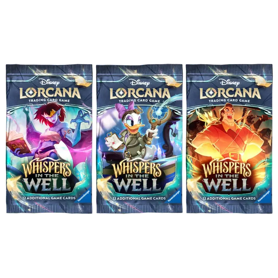 Lorcana Booster Packs featuring Whispers in the Well, showcasing characters from the Disney trading card game.