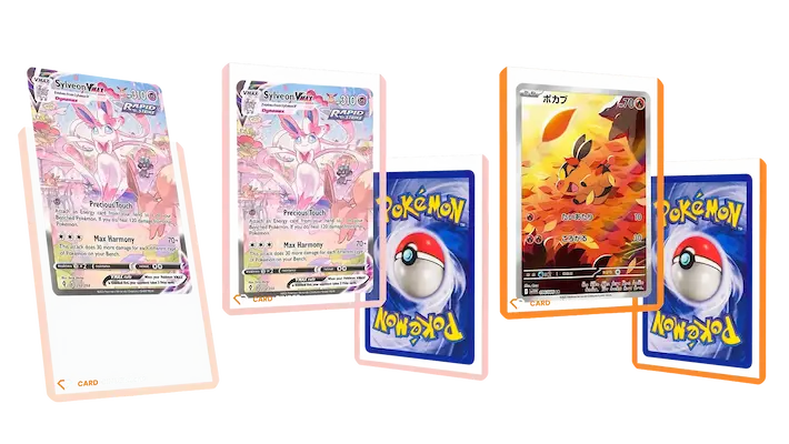 Collection of Pokémon cards featuring Sylveon and autumn-themed artwork, showcasing vibrant designs and card backs sleeved in some Toploaders.