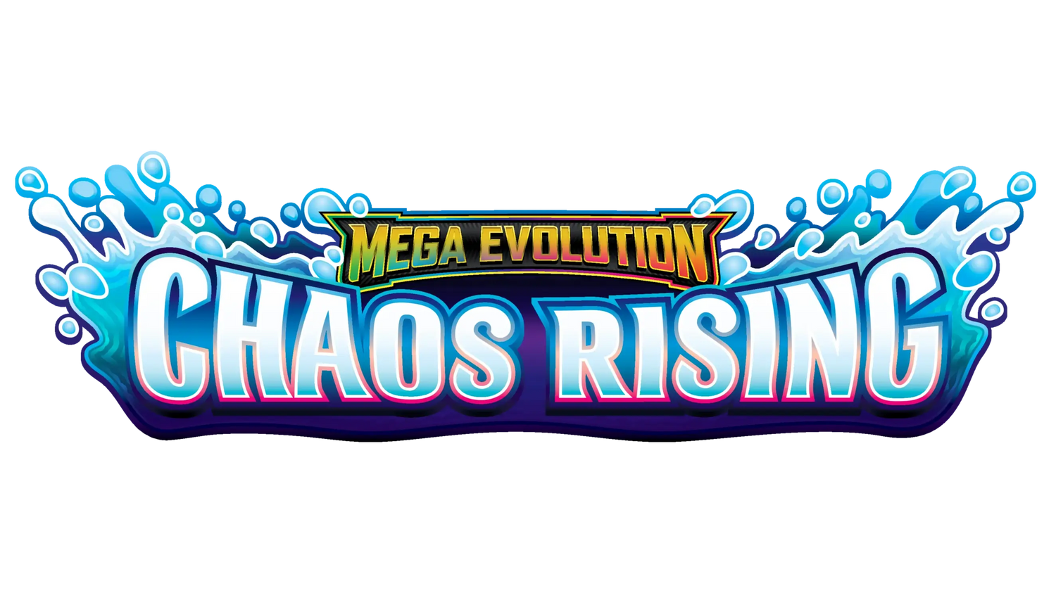 Mega Evolution Chaos Rising logo, featuring vibrant colors and dynamic water elements.
