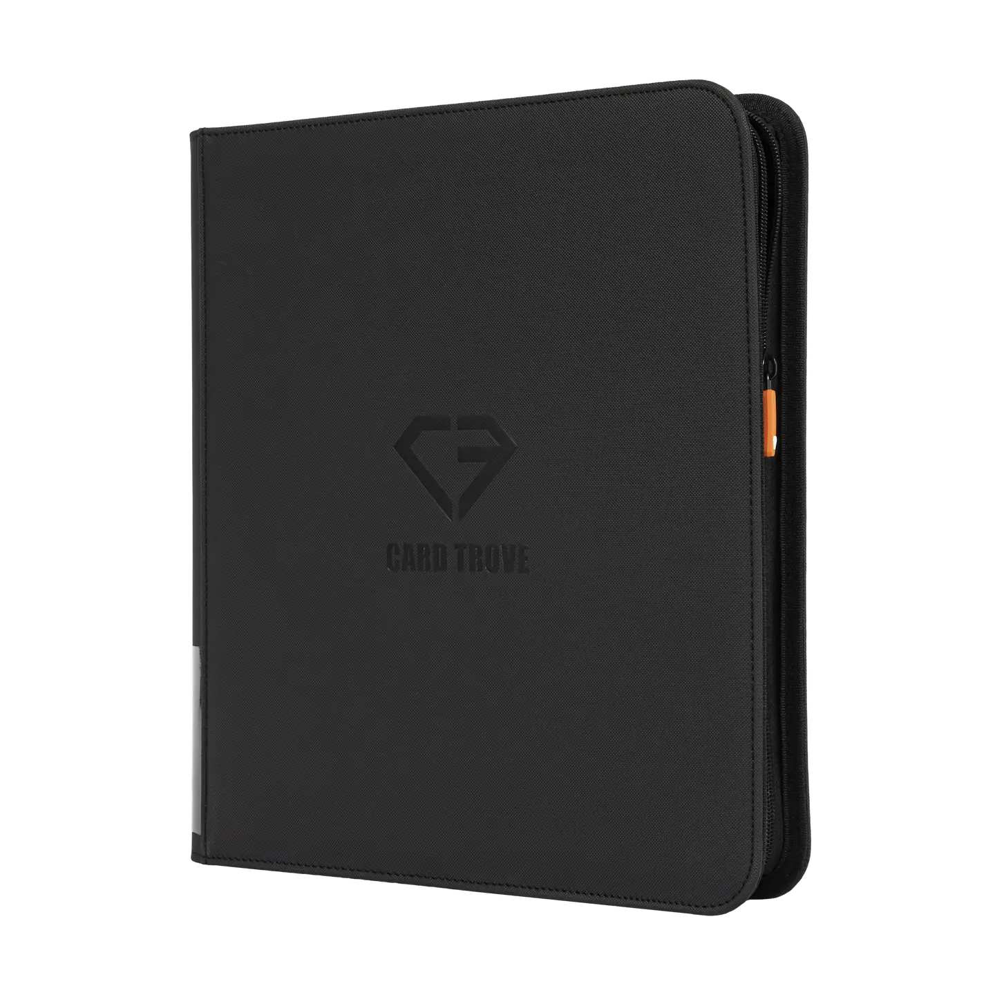 12-Pocket Card Binder Black with sleek design, smooth zipper, and durable surface for storing trading cards.