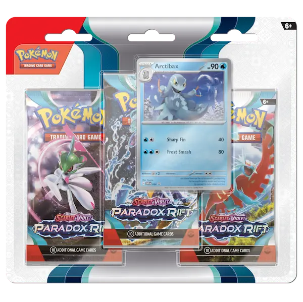 Paradox Rift 3-Pack Blister featuring Arctibax promo card and 3 booster packs from Pokémon SV04 set.