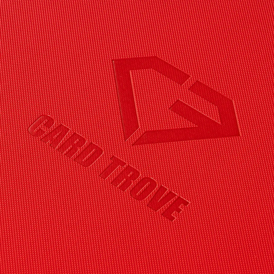 12-Pocket XL Card Binder Red with CARD TROVE logo embossed on a textured red surface.