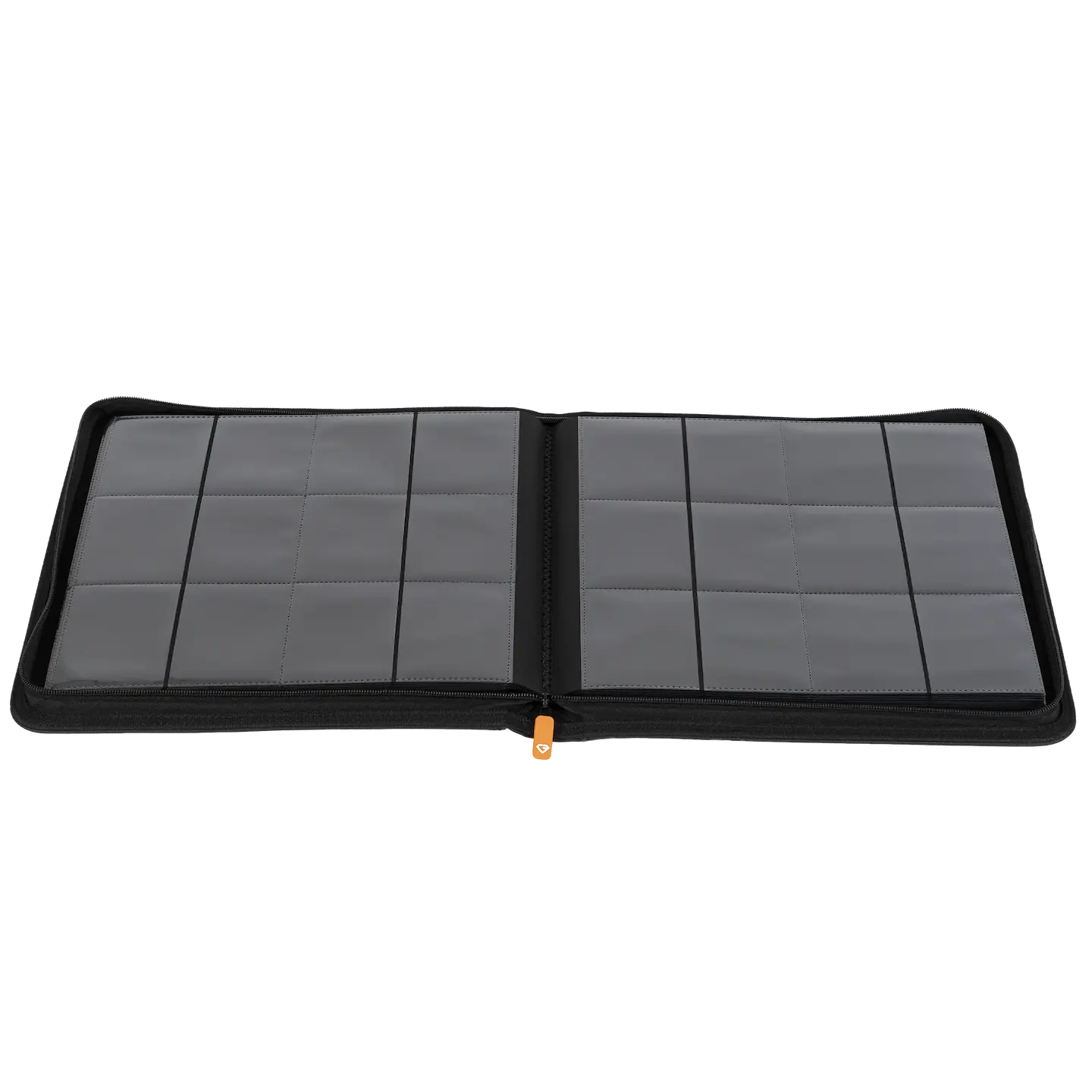 12-Pocket Card Binder Black opened to show ultra clear compartments for organizing trading cards.