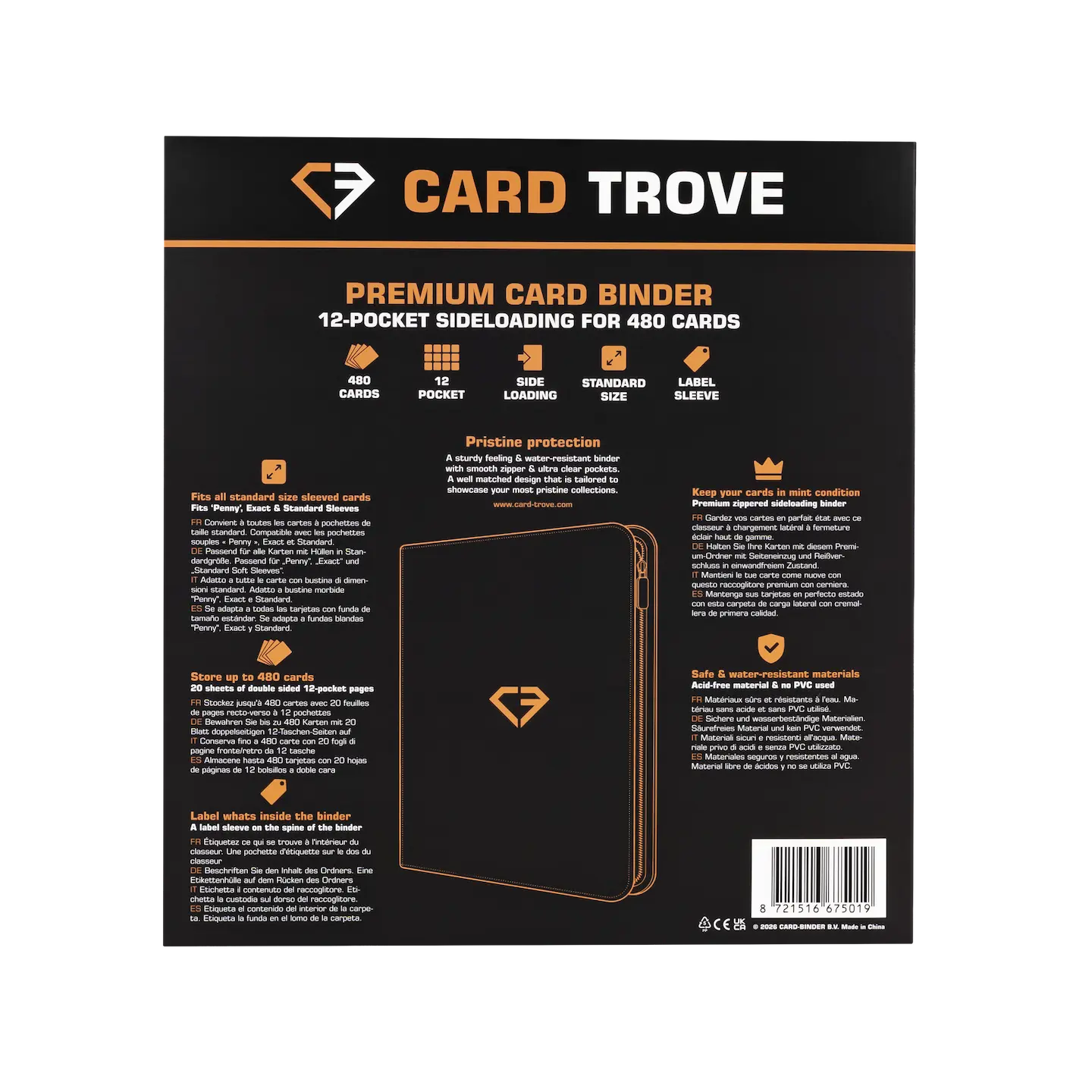 12-Pocket Card Binder Black back view showcasing 12-pocket design for storing 480 cards.