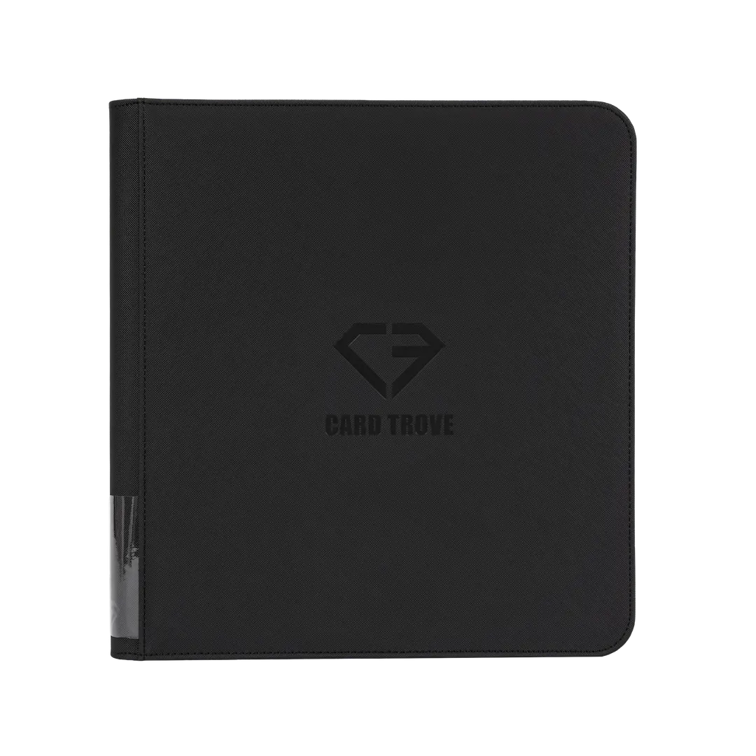 12-Pocket Card Binder Black exterior view, perfect for organizing 480 standard trading cards with a sleek design.