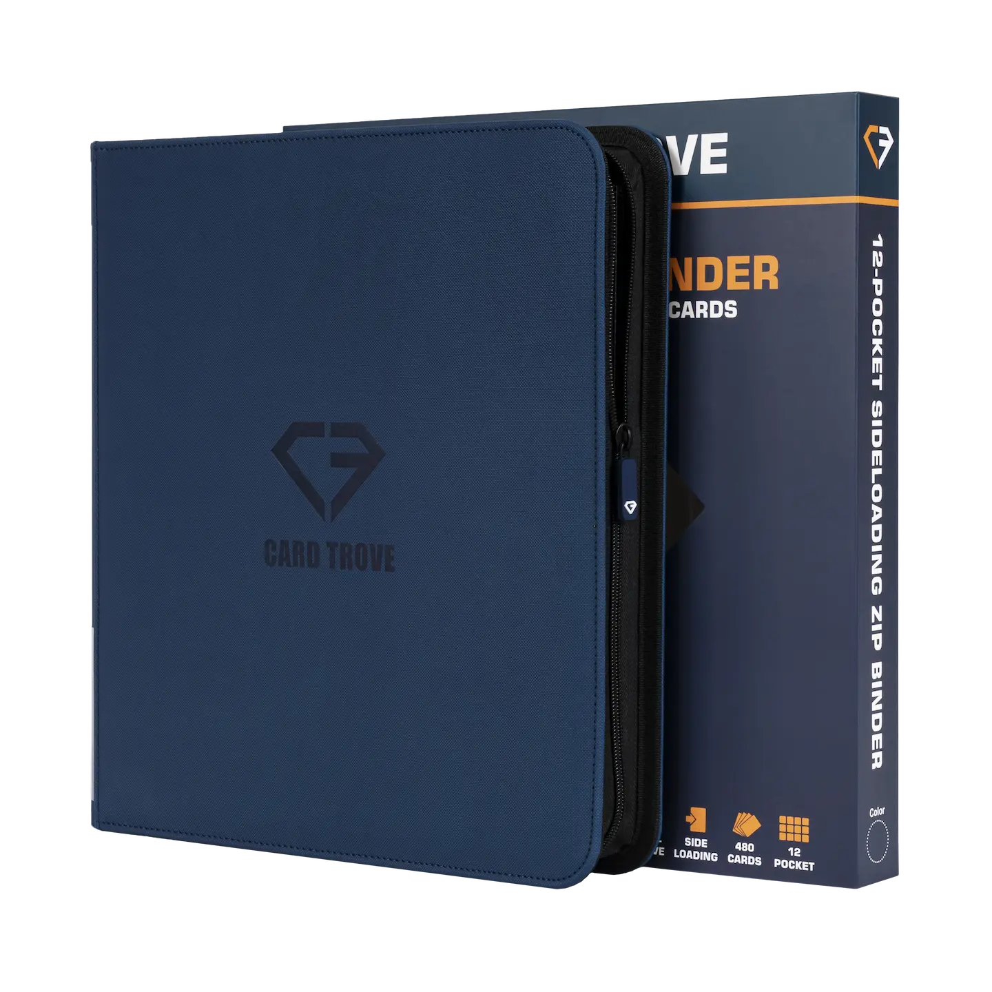 12-Pocket Card Binder Blue with side-loading compartments for trading cards, designed to hold 480 cards safely.