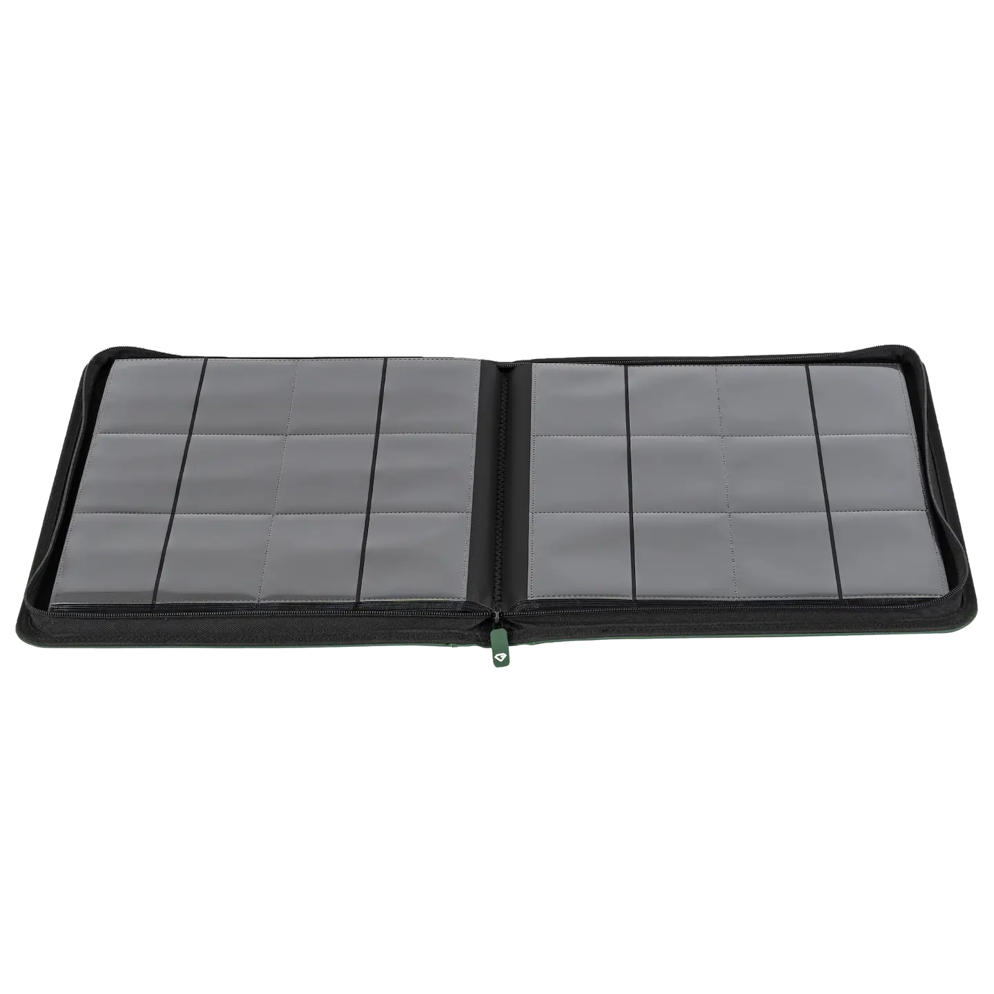 12-Pocket Card Binder Green open to show compartments for organizing trading cards.