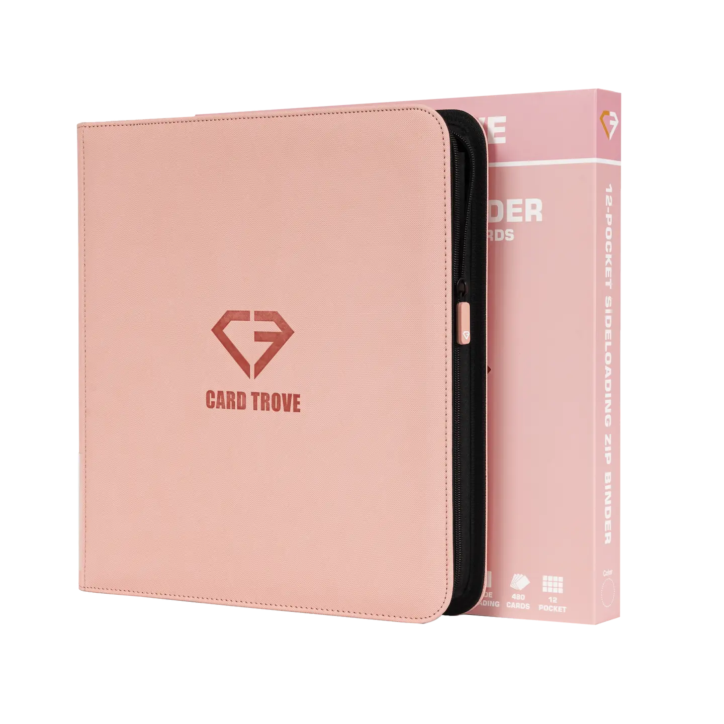 12 Pocket Card Binder Pink with ultra clear compartments and smooth zipper for storing trading cards.