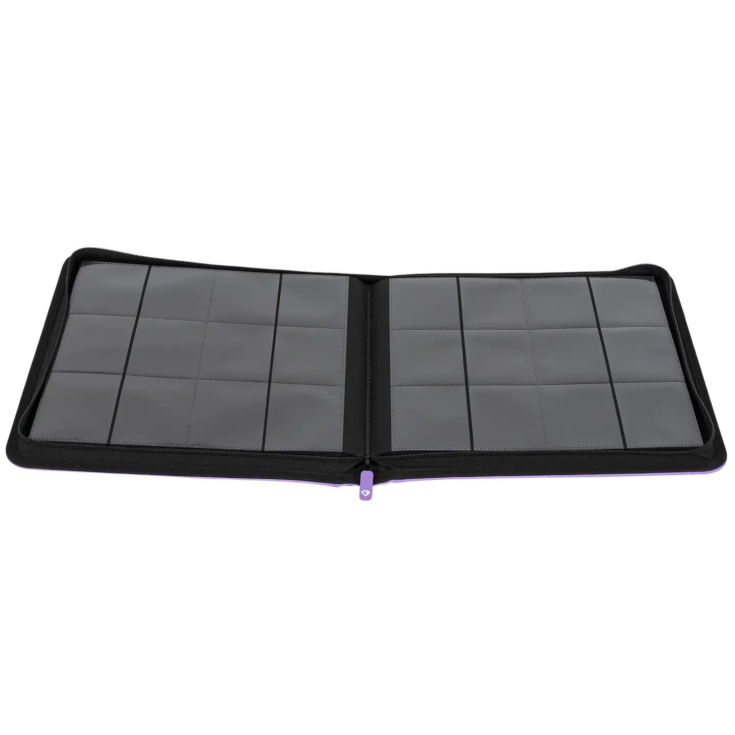 Open view of a 12-Pocket Card Binder Purple, showcasing slots for standard trading cards.
