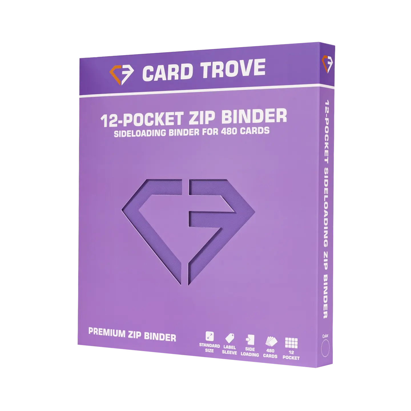 12-Pocket Card Binder Purple packaging showing a premium zip binder designed for 480 standard trading cards.