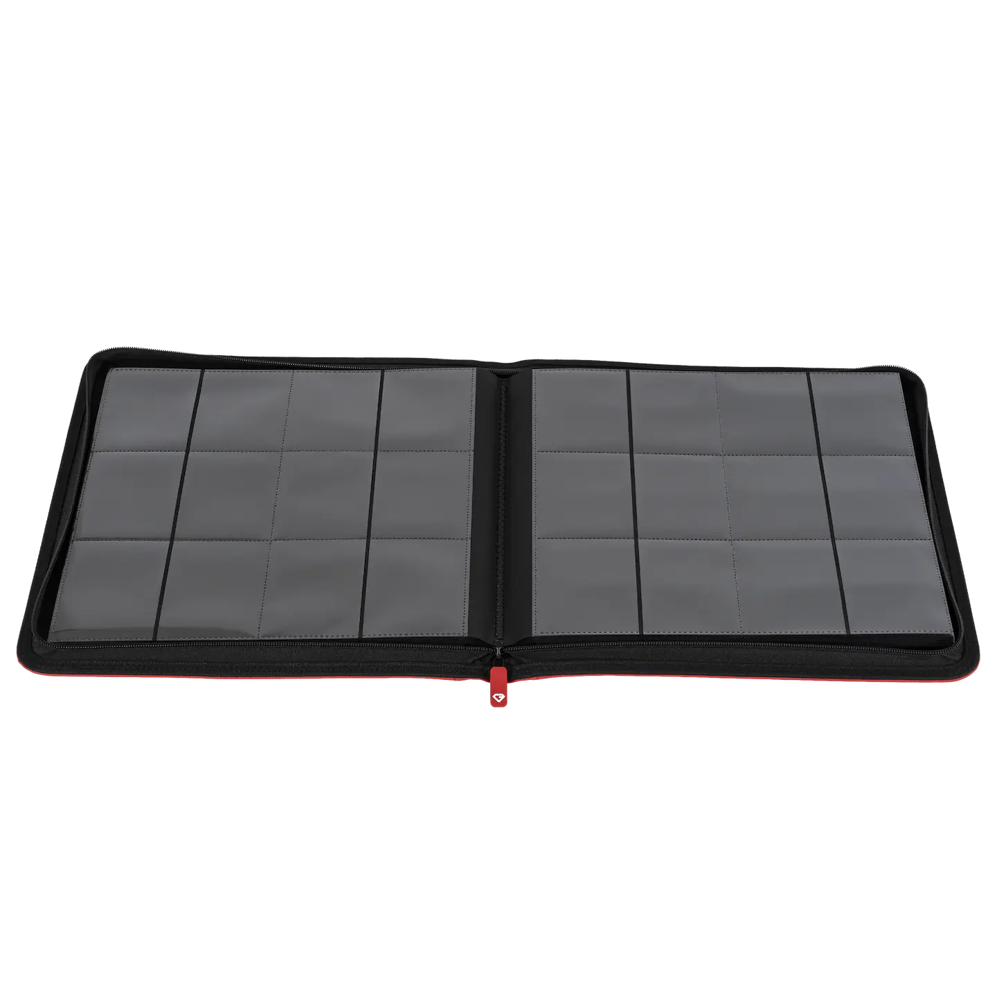 Opened 12-Pocket Card Binder Red showing pockets for storing 480 standard trading cards.