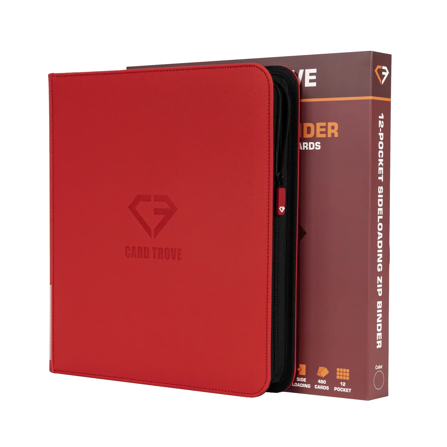 12-Pocket Card Binder Red for storing 480 trading cards, splash resistant, ultra-clear compartments, smooth zipper.