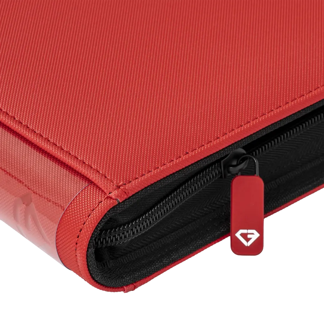 12-Pocket Card Binder Red with smooth zipper and sturdy red fabric design, ideal for storing trading cards.