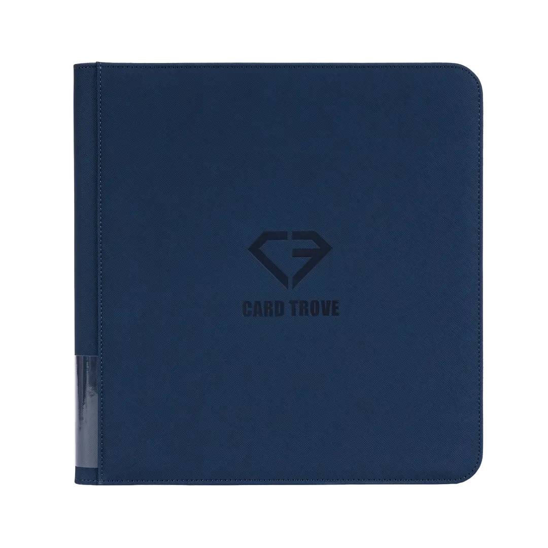 12-Pocket XL Card Binder Blue with durable design for standard trading cards, featuring ultra-clear compartments and smooth zipper.