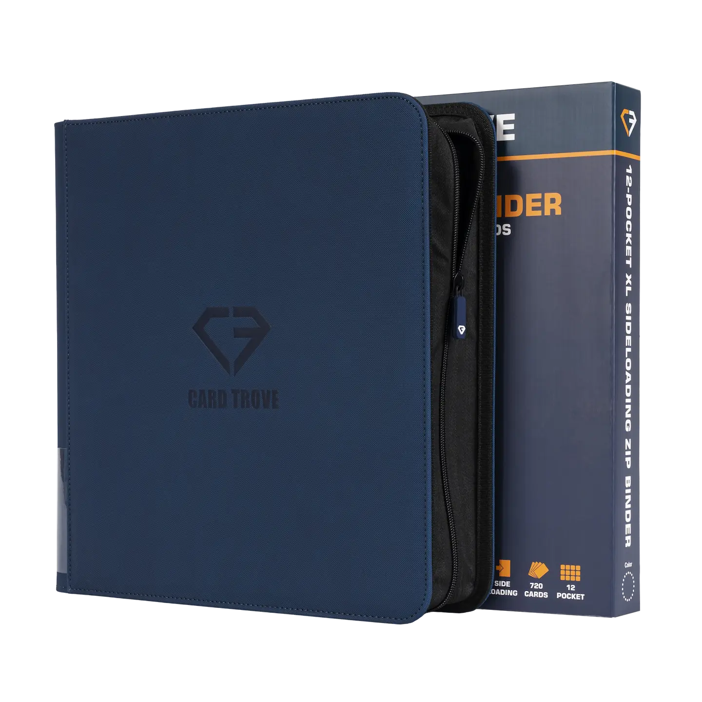12-Pocket XL Card Binder Blue displayed with packaging, ideal for storing up to 720 standard trading cards.