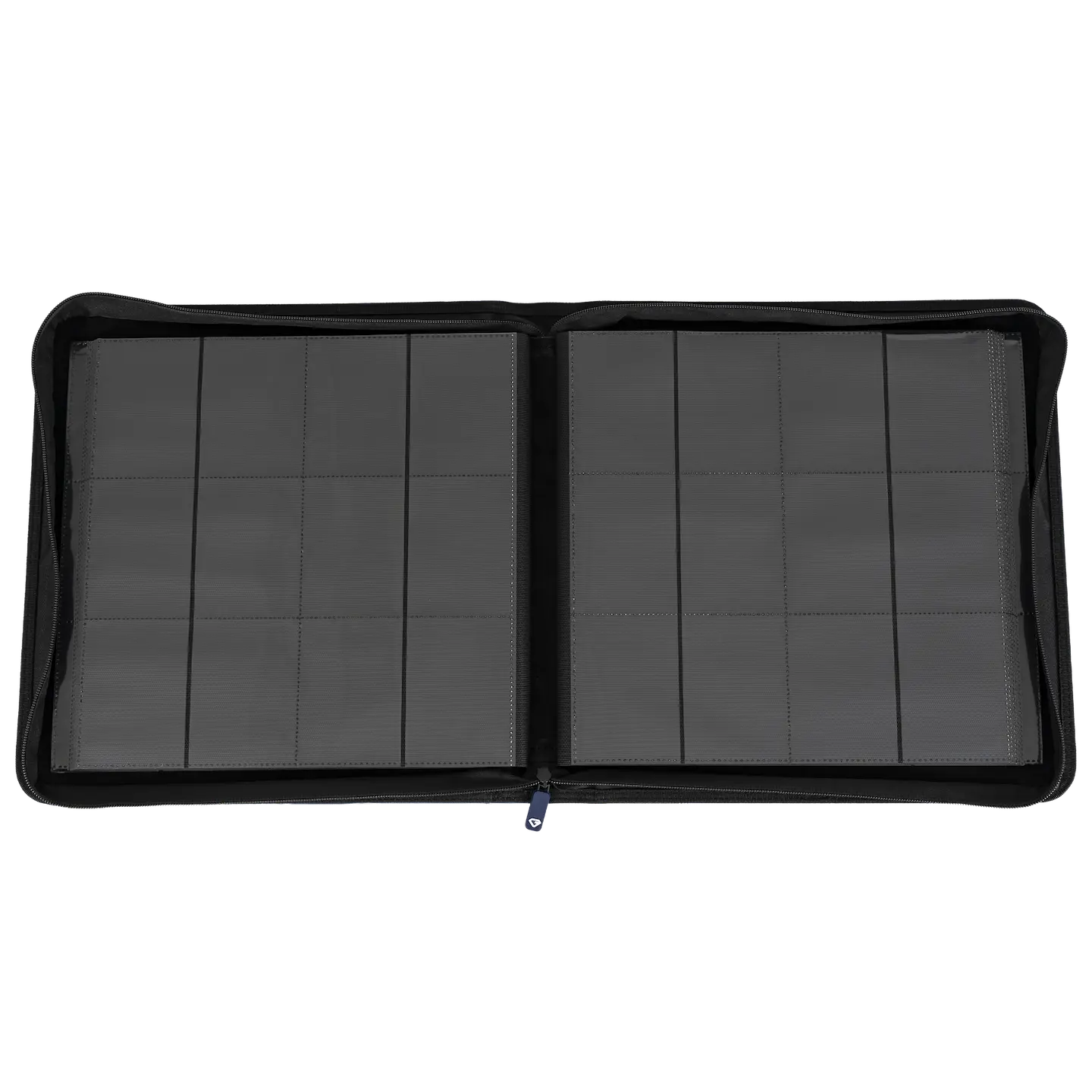 12-Pocket XL Card Binder Blue open view showcasing interior compartments for organizing trading cards.