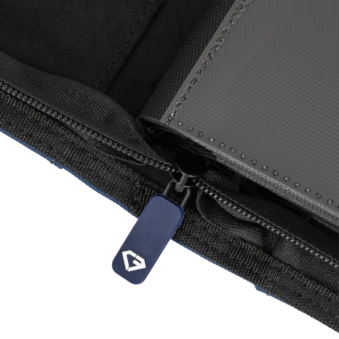 Close-up of the zipper of a 12-Pocket XL Card Binder Blue showcasing quality craftsmanship and durable materials.