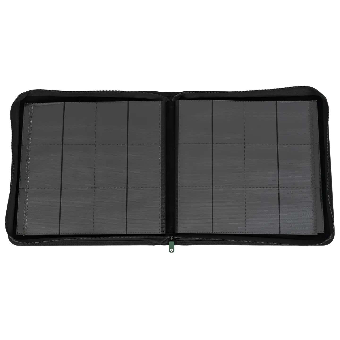 12-Pocket XL Card Binder Green opened to show interior compartments for storing trading cards.