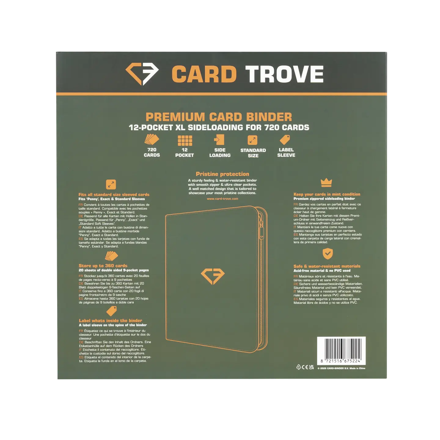 12-Pocket XL Card Binder Green packaging showing features and specifications for storing 720 standard trading cards.