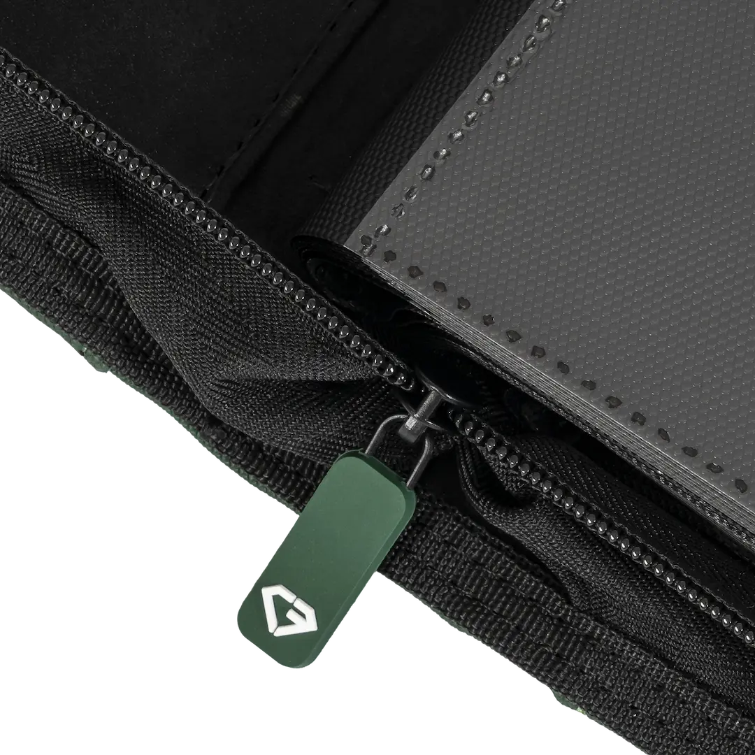 Close-up view of the zipper and compartments of the 12-Pocket XL Card Binder Green for secure card storage.