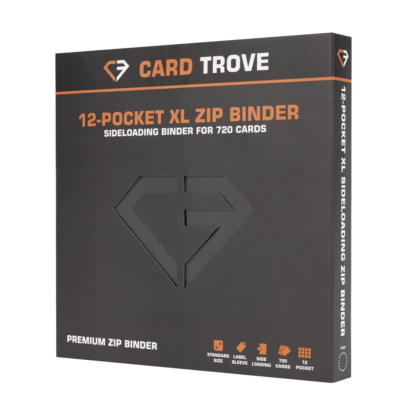 12 Pocket XL Card Binder with sideloading design for 720 standard trading cards, premium quality and splash resistant.