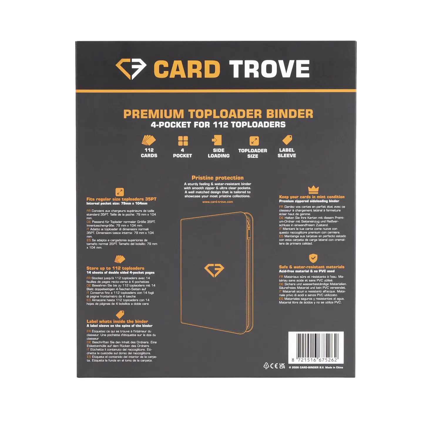 4-Pocket Toploader Card Binder Grey back view showcasing compartments for 112 standard toploaders.