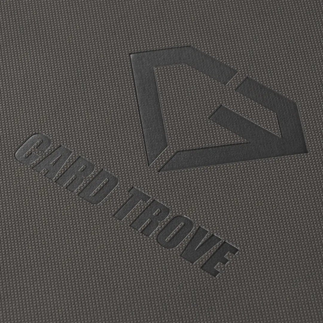 4-Pocket Toploader Card Binder Grey close-up of textured surface and Card Trove logo.