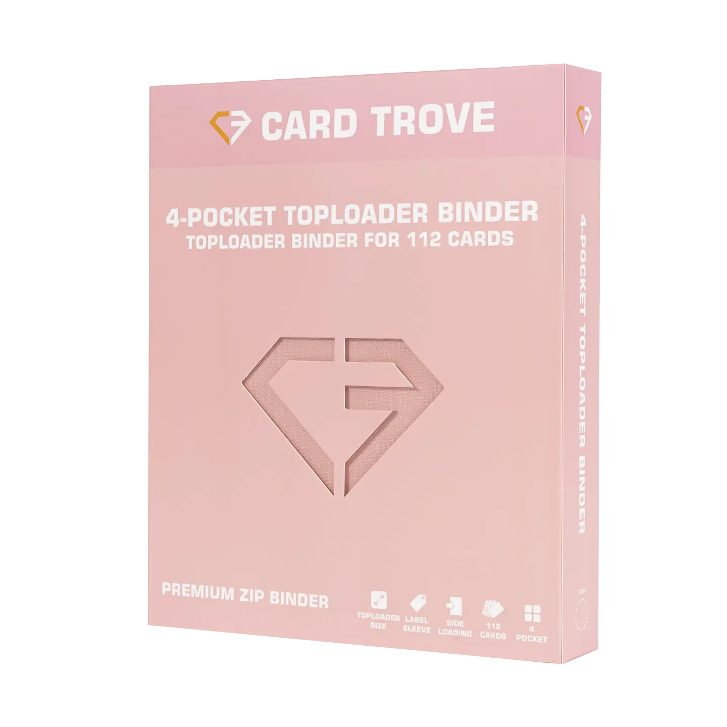 4-Pocket Toploader Card Binder Pink for storing 112 standard trading cards in a durable, splash-resistant binder.