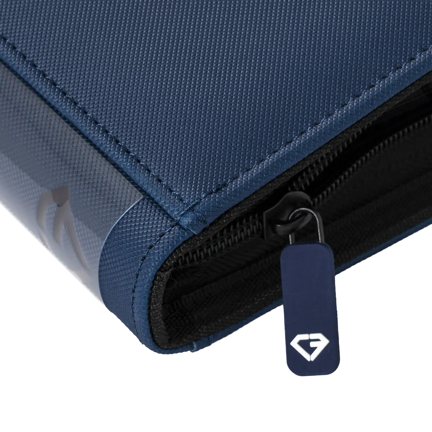 Close-up of the 4-Pocket Card Binder Blue featuring a durable zipper and premium surface finish.