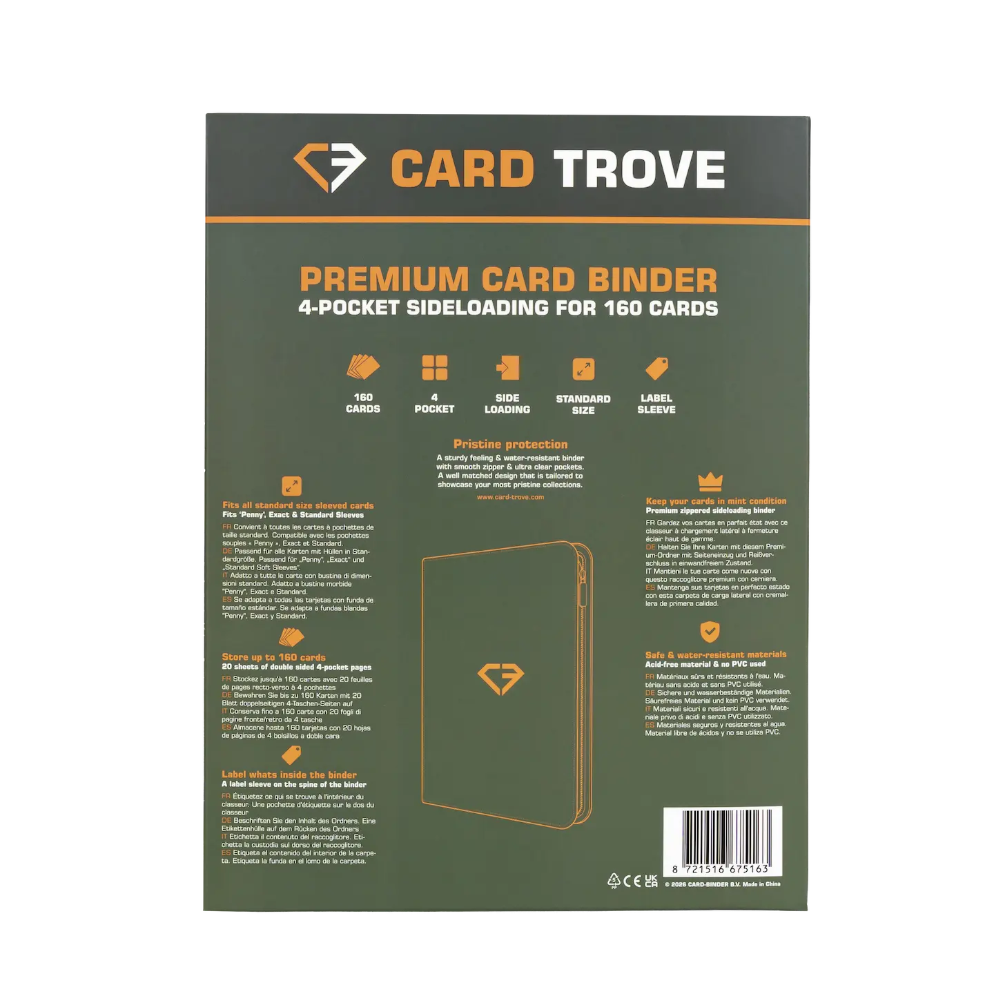 4-Pocket Card Binder Green - Premium card binder for 160 trading cards with sideloading compartments.
