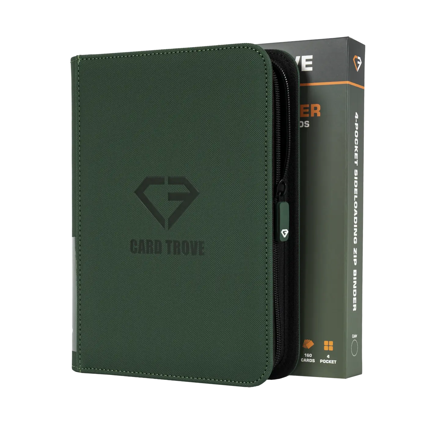 4-Pocket Card Binder Green, premium binder for 160 trading cards, splash resistant with smooth zipper.