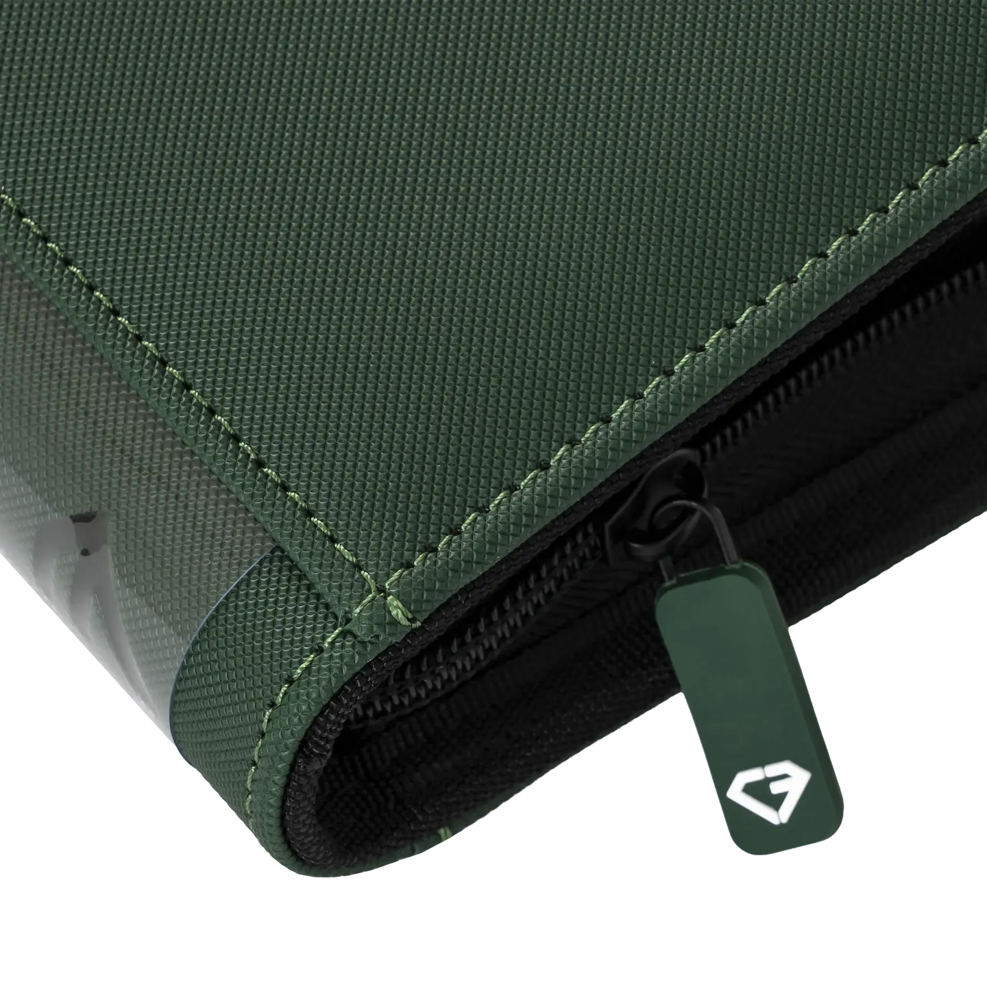 4-Pocket Card Binder Green zipper and material detail showcasing quality design and durability.