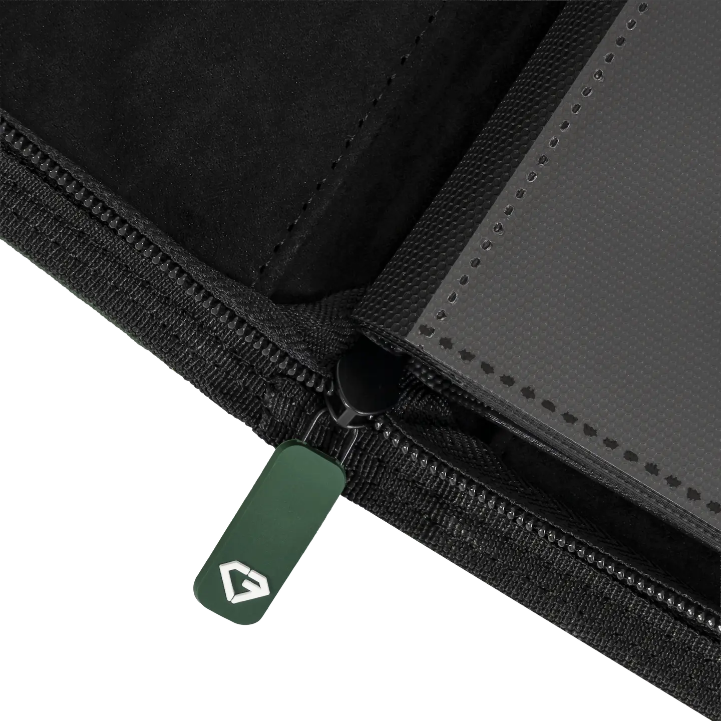 4-Pocket Card Binder Green zipper detail showcasing quality craftsmanship and ultra-clear compartments.