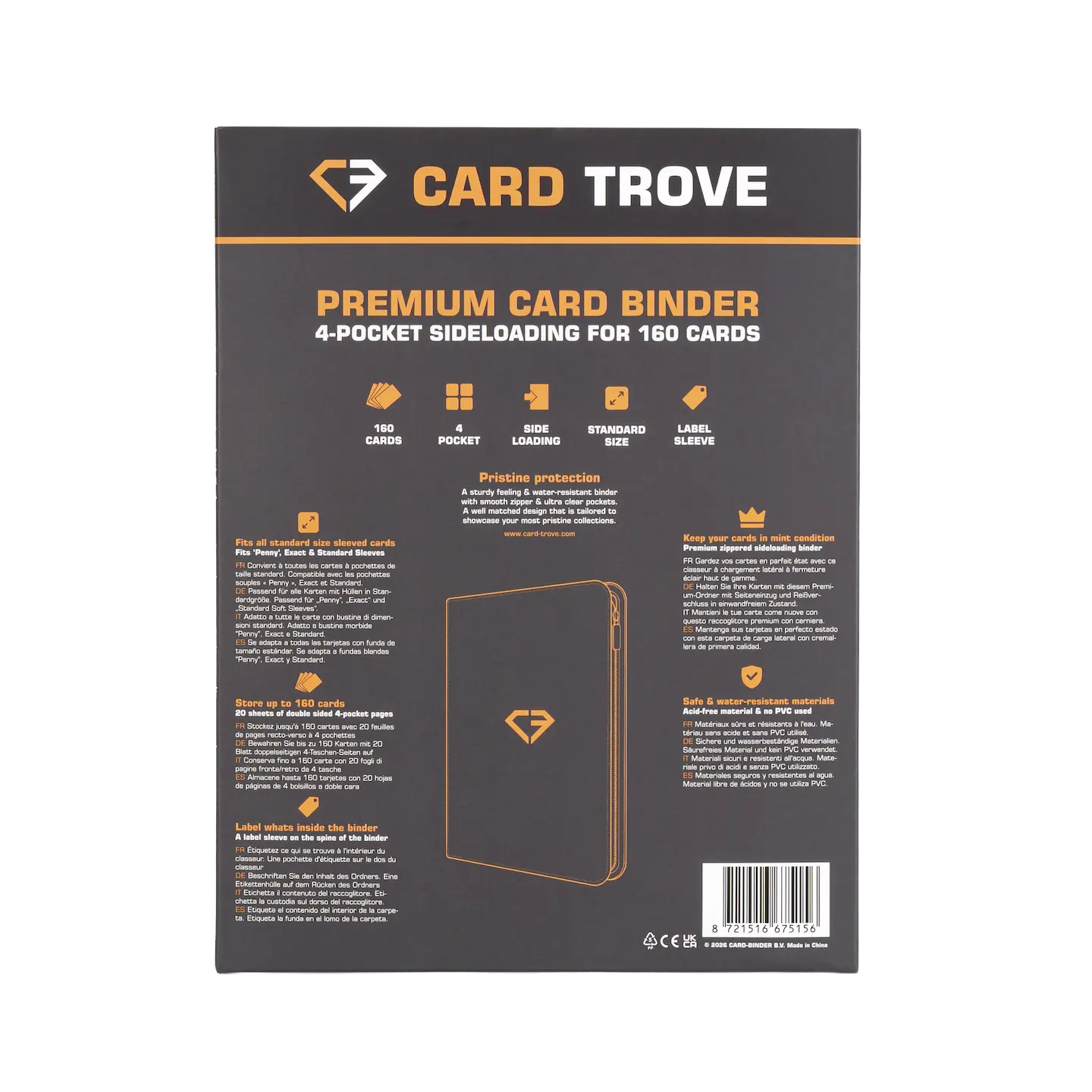 4-Pocket Card Binder Grey back view showcasing premium features and sliding compartments for 160 trading cards.