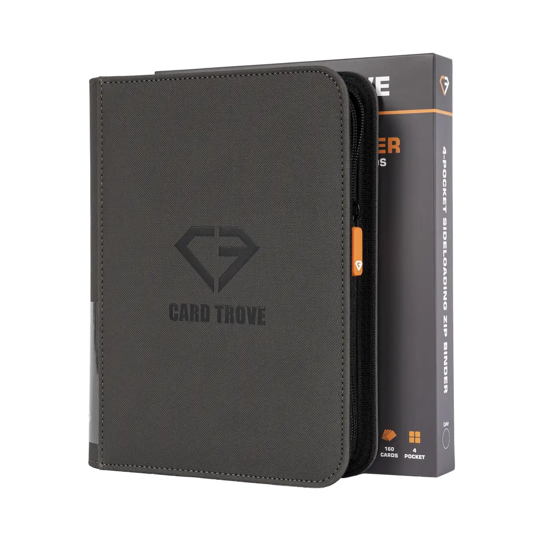 4-Pocket Card Binder Grey shown with a sleek design, ideal for storing 160 trading cards securely.
