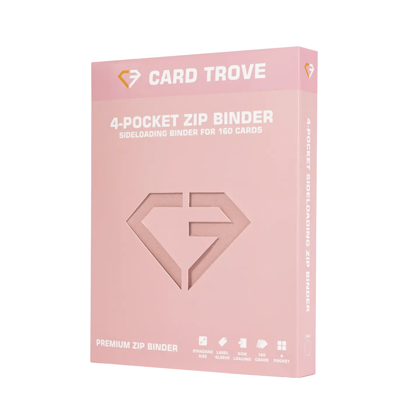 4-Pocket Card Binder Pink packaging for 160 trading cards with sleek design and sideloading compartments.