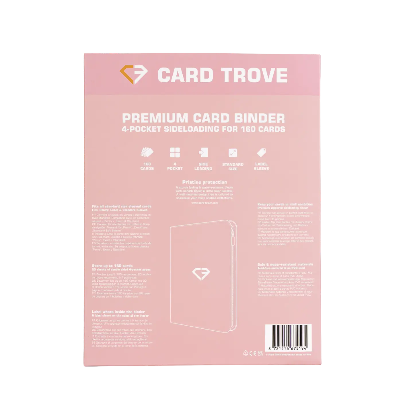 4-Pocket Card Binder Pink premium card binder with sideloading compartments for 160 trading cards.