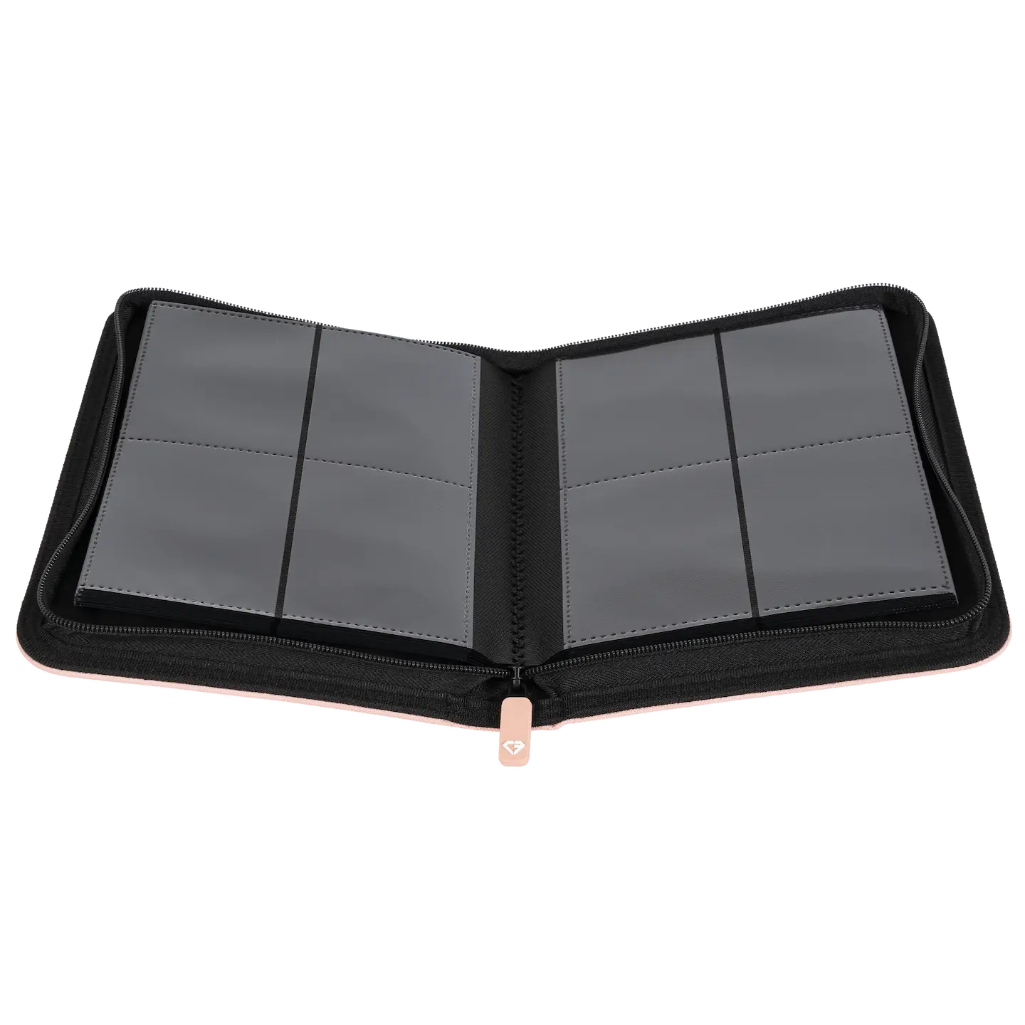 4-Pocket Card Binder Pink open showcasing compartments for storing standard trading cards.