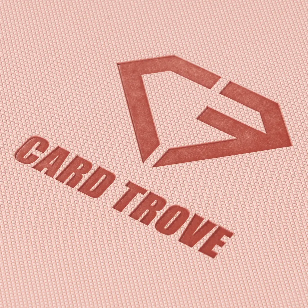 Close-up of the 4-Pocket Card Binder Pink showing the textured surface with the embossed logo 'CARD TROVE'.