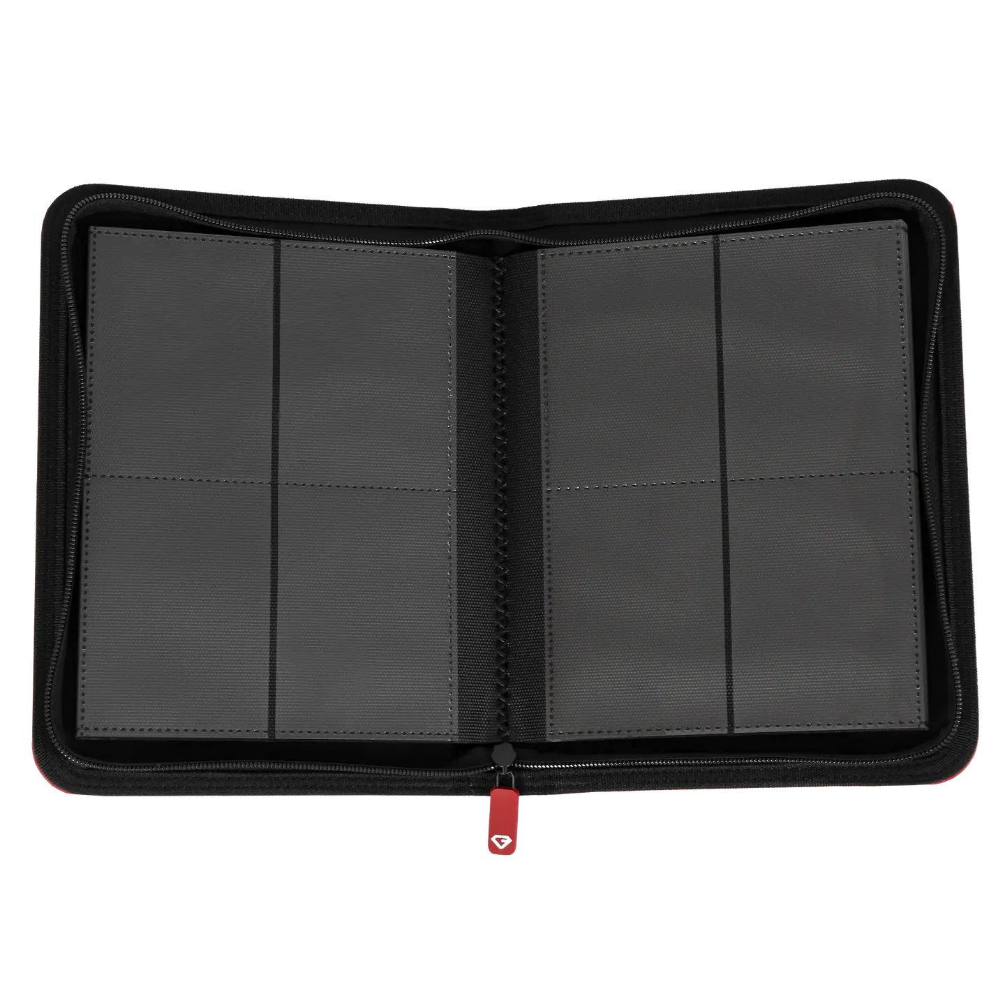 4-Pocket Card Binder Red opened showing 4 pocket layout with ultra clear compartments for trading cards.