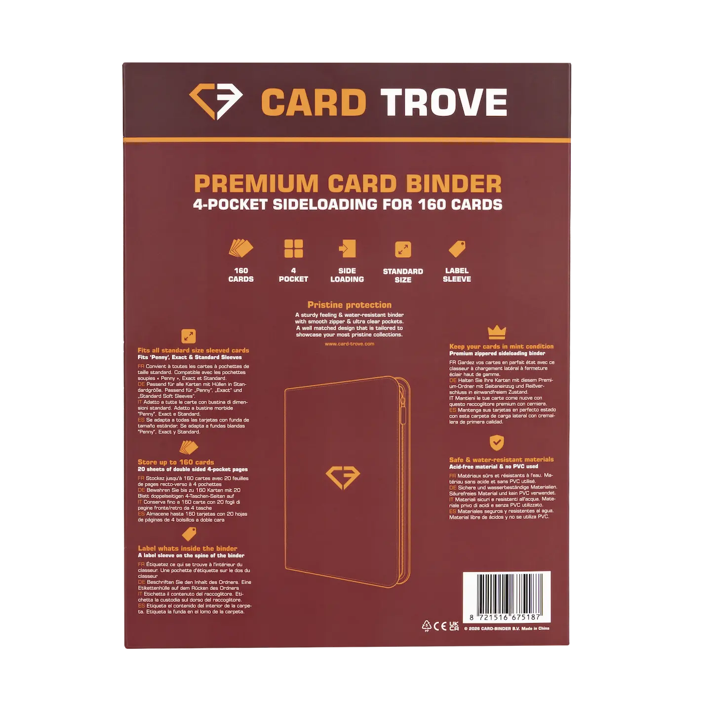 4-Pocket Card Binder Red premium card binder for 160 standard trading cards, featuring splash resistance and ultra-clear compartments.