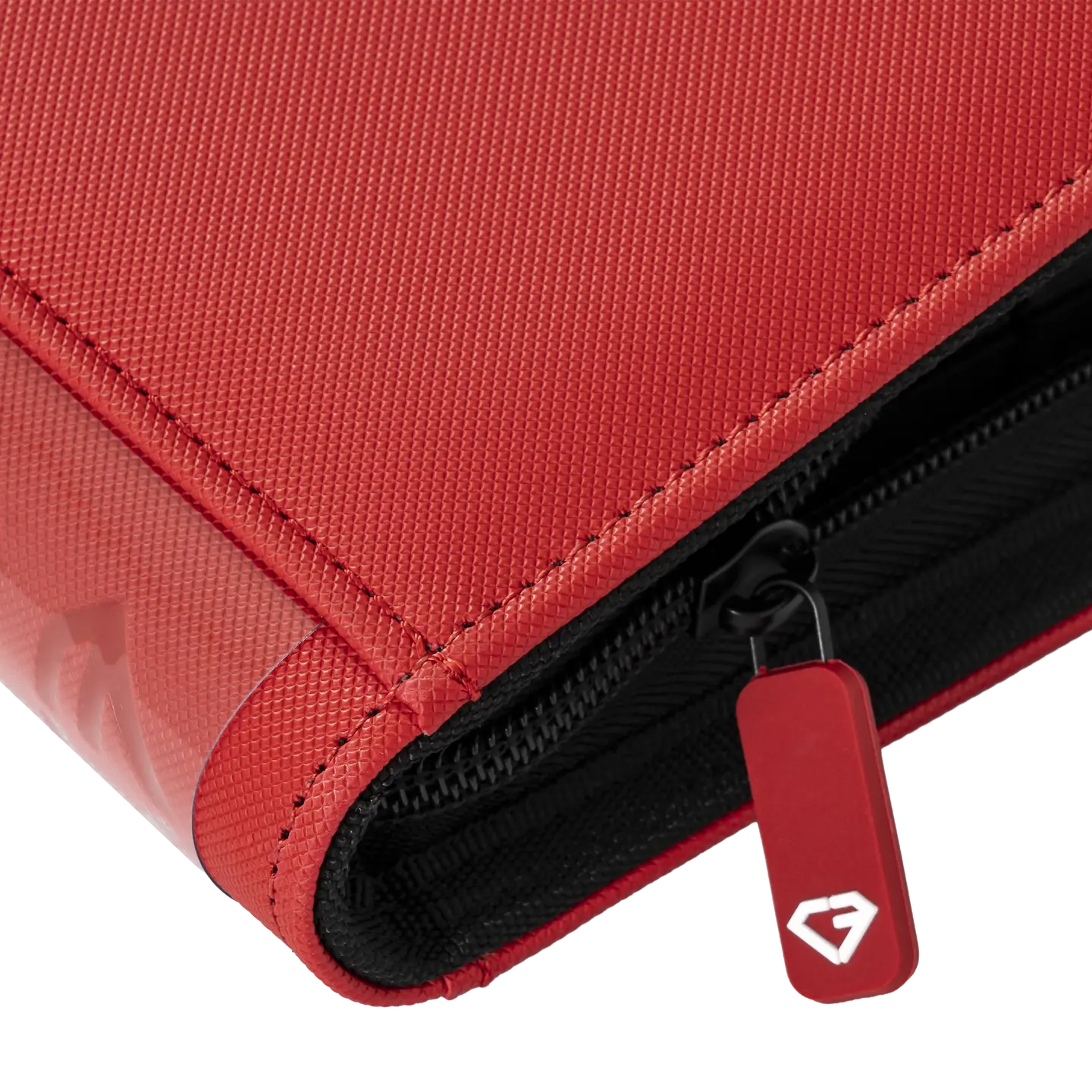 Close-up of the 4-Pocket Card Binder Red zipper and texture, showcasing durability and quality design.