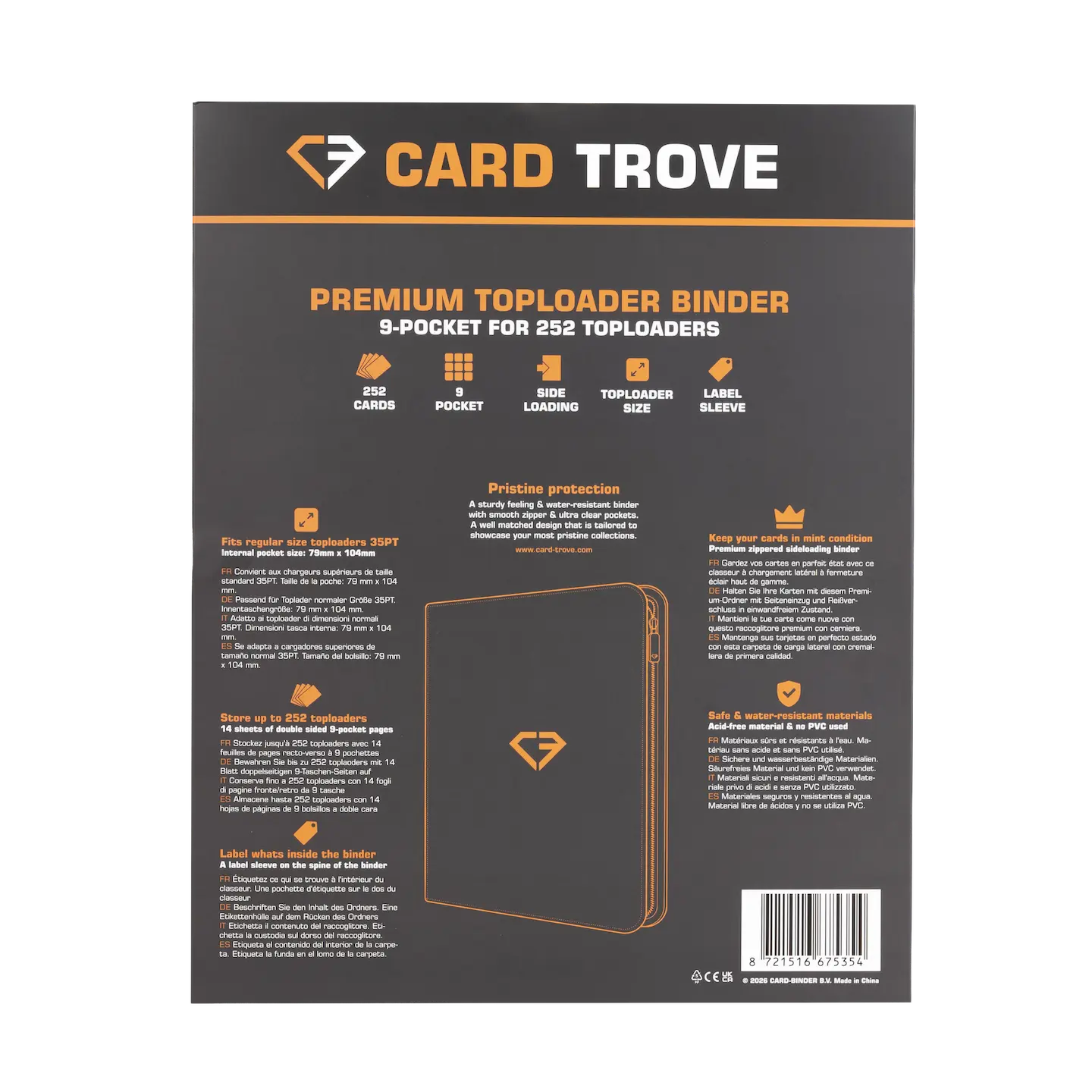 9-Pocket Toploader Card Binder - Trove Limited back cover showing features and specifications for 252 standard toploaders.