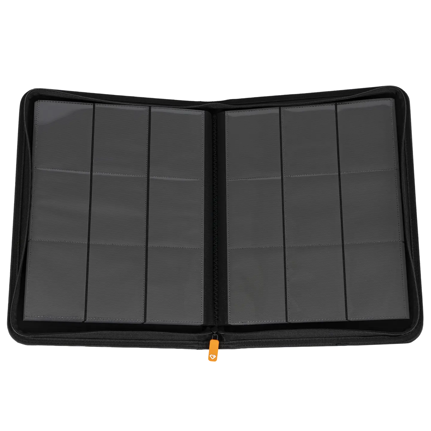9-Pocket Card Binder Black opened, showcasing card compartments for storing trading cards securely.