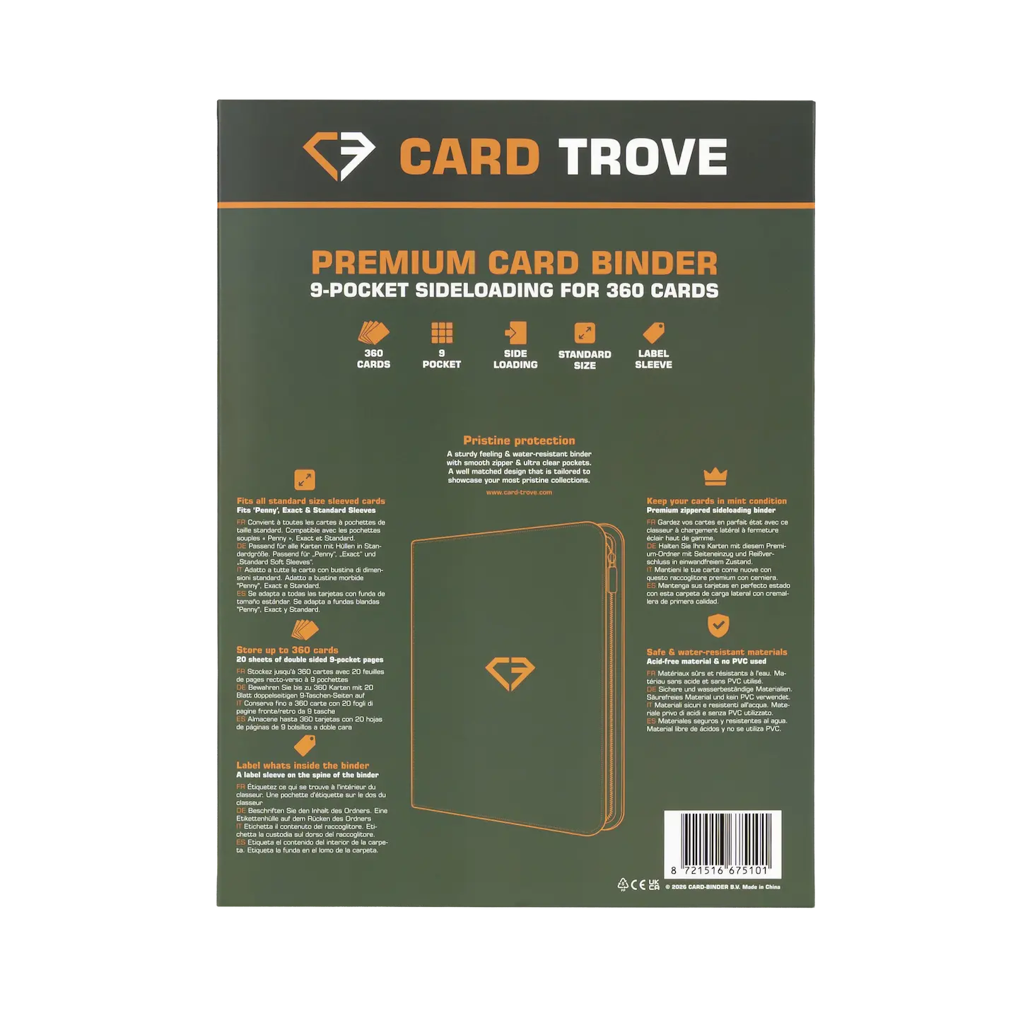 9-Pocket Card Binder Green back cover showing premium features and sideloading for 360 cards.