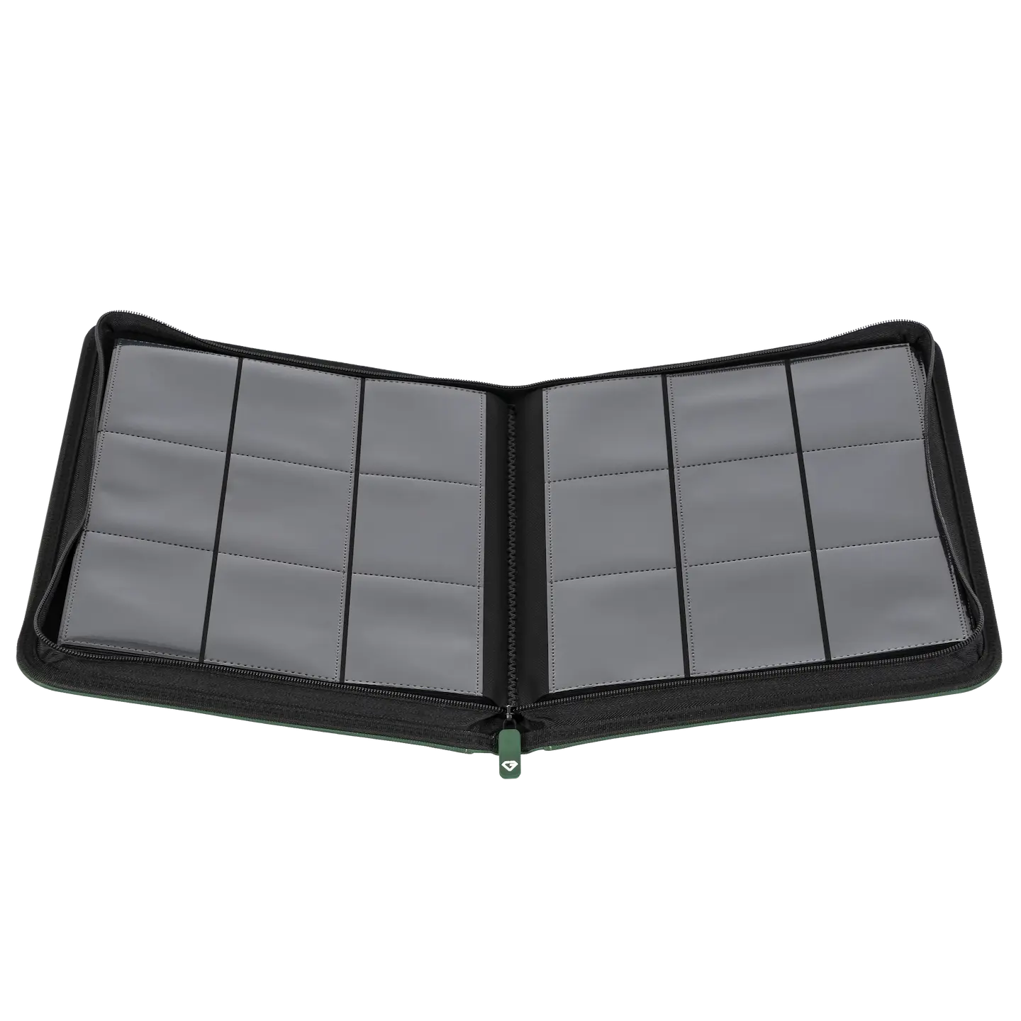 9-Pocket Card Binder Green open displaying clear compartments for storing trading cards.