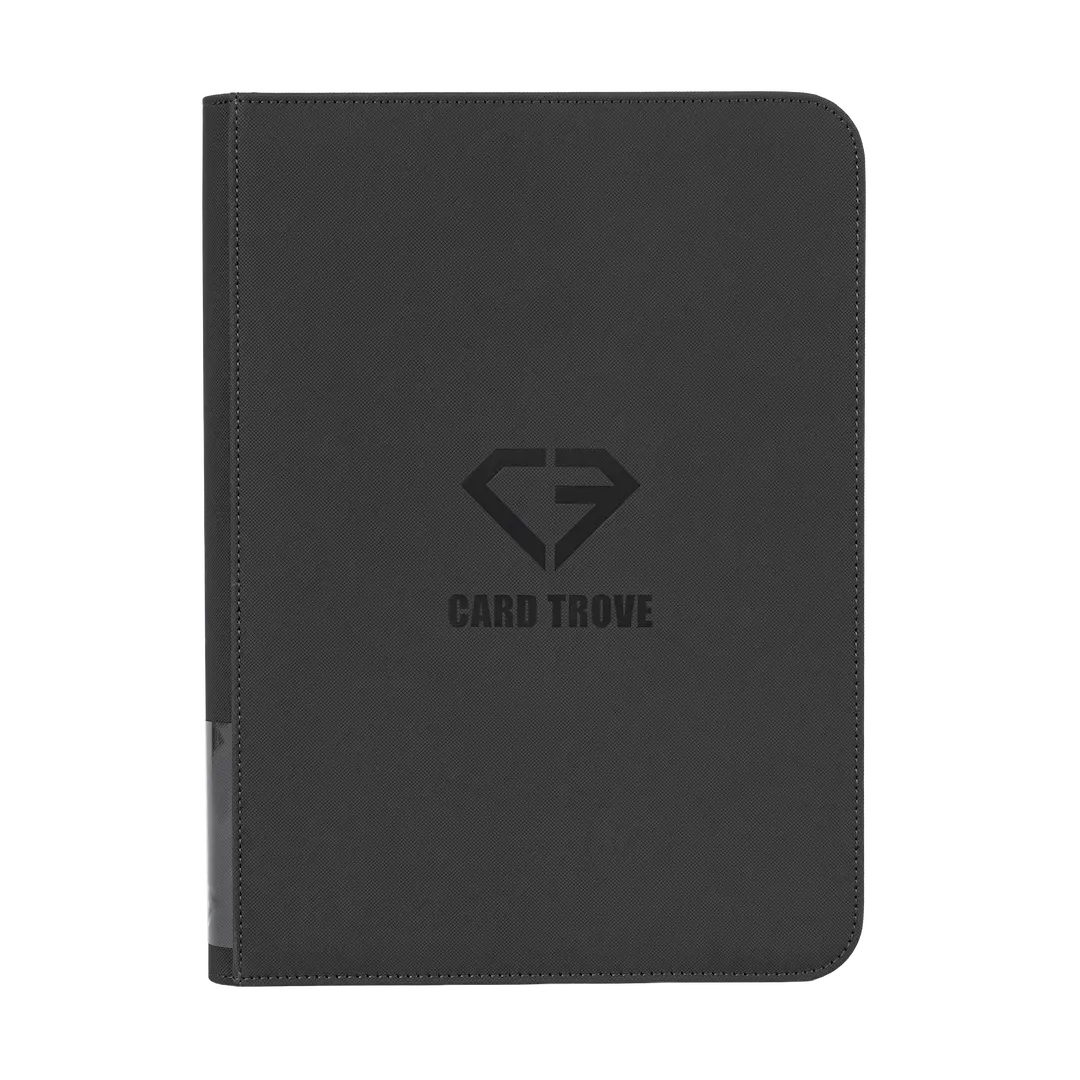 9 Pocket Card Binder in gray with a smooth zipper and splash-resistant finish, holds 360 standard trading cards.