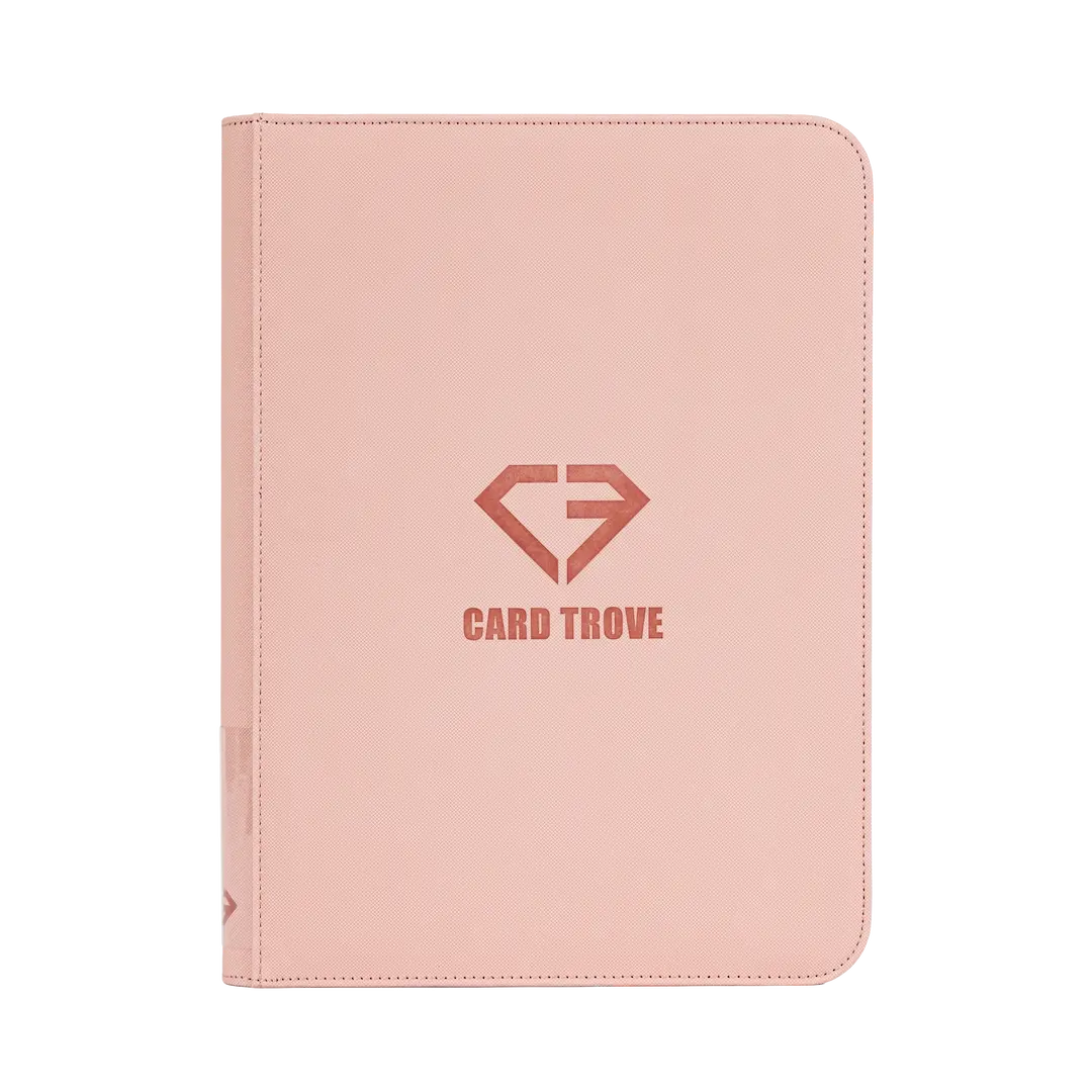 9 Pocket Card Binder Pink in pastel pink with a logo, designed for trading cards and featuring smooth zipper compartments.